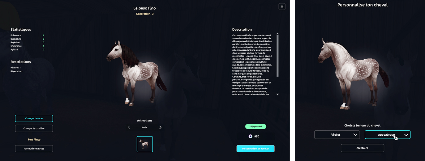 Star Stable interface d'achat d'un cheval